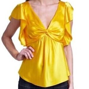 Cinq A Sept NWOT Flutter Sleeve Yellow Silk Blouse Size XS V-Neck Back Zip